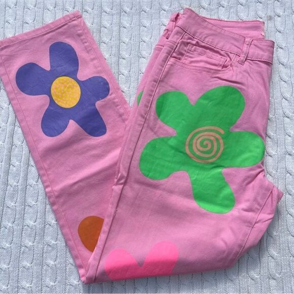 NWT Zig zag flower power groovy trippy mom jeans Sz S - Picture 2 of 9